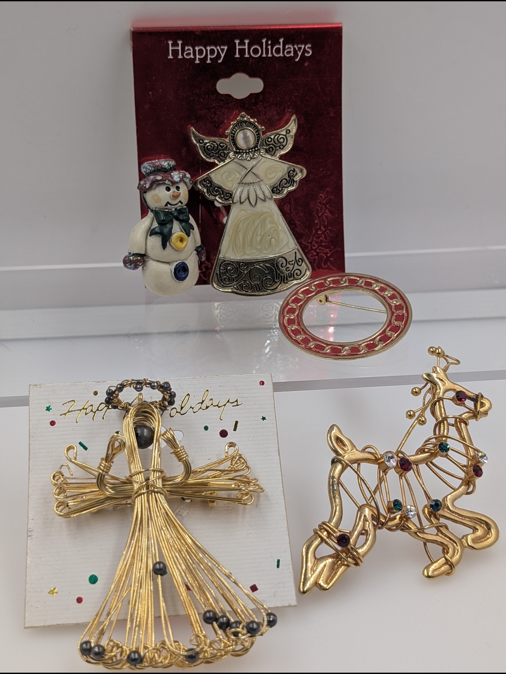 Vintage Holiday Christmas Brooch Lot Wirework Reindeer Angel Wreath Snowman 0222 - Picture 10 of 11